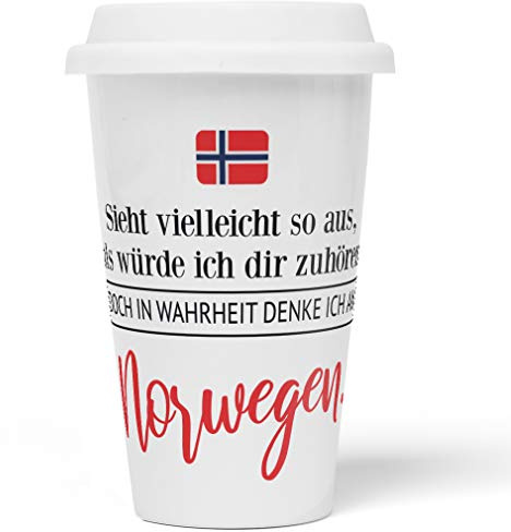 JUNIWORDS To-Go Becher mit Deckel, Sieht vielleicht so aus, als würde ich dir zuhören. Doch in Wahrheit denke ich an Norwegen (1001317)