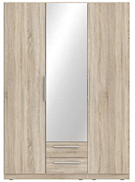 FORTE CADIXO Schrank 150 160, Kleiderschrank mit Spiegel, Drehtürenschrank Schalfzimmerschrank Skandinavisch, 3-türig mit 2 Schubladen, Holzdekor: Sonoma Eiche, 150 cm breit x 213 hoch x 59 cm tief
