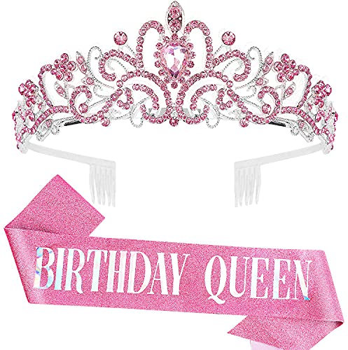 COCIDE Pink Birthday Queen Sash & Crystal Tiara Birthday Tiaras and Crowns for Women Sashes for Girls Decorations Set Rhinestone Headband Hair Accessories Glitter Sash for Party