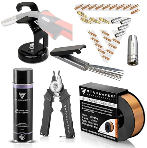 STAHLWERK MIG/MAG Schweißzubehör AK15/MB15 Starter-Set mit Schweißdraht | 15AK/15MB Verschleißteile, Brennerhalter mit Magnetfuß, Super Pistolenspray, Düsenzange und Düsenreiniger mit Feile