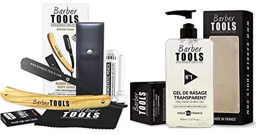 Rasoir à Barbe Traditionnel - Rasoir droit coupe-choux/Rasoir de barbier lame interchangeable & Gel de rasage transparent 150ml - Pour un rasage précis des contours de barbe (150 ml)
