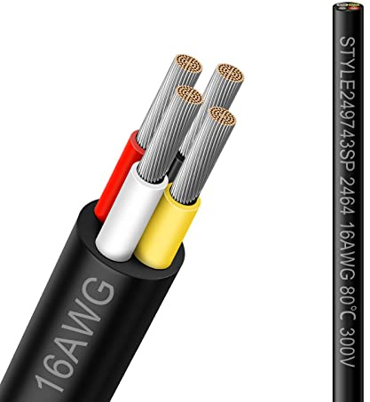 16 Gauge 4 Conductor Electrical Wire, 16.5FT 16AWG Black PVC Stranded Tinned Copper 4 Wire Cable, 16/4 Cord Extension Cable for LED Lamp Lighting, Automotive, Speaker, Audio, Power etc.