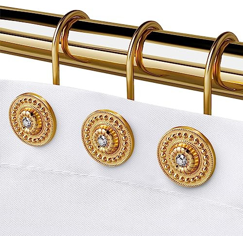 iToplin Shower Curtain Hooks, Rust Proof Shower Curtain Rings for Bathroom, Modern Metal Decorative Shower Hooks Hangers for Shower Curtain Rod, Medallion Button Shape Set of 12 (Gold)