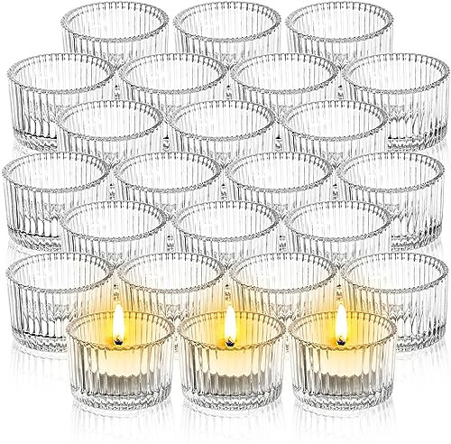 Elsjoy 24 Pack Clear Tea Light Candle Holder, 5 cm × 3.5 cm Small Glass Votive Candle Holders Mini Ribbed Tealight Holder for Wedding, Birthday, Festival, Table Centerpiece