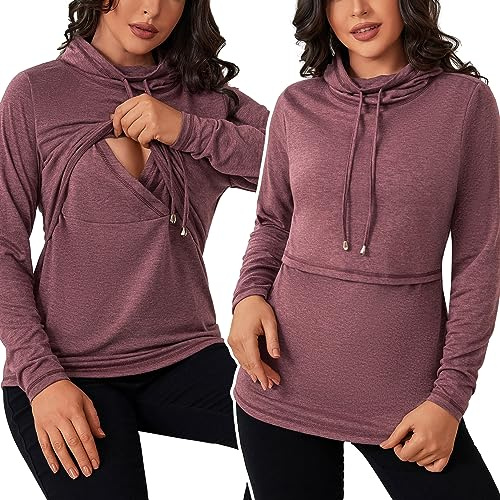 GINKANA Women's Nursing Sweatshirts Long Sleeve Breastfeeding Shirt Casual Cowl Neck Nursing Tops Drawstring Tunic,Burgundy,M