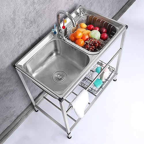Kommerzielle Küchenspüle Freistehende Edelstahl Doppelspüle mit mit heißem und kaltem Wasserhahn, Lagerregal, geeignet für Restaurant Wäscherei Bar Vermietung Häuser, 32,7 x 17,3 x30,3