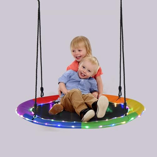 KOMFOTTEU Balançoire Nid d'Extérieur avec Lumières LED, φ100cm, avec Corde de Suspension Réglable pour Enfant Plus de 3 Ans, Charge 150kg