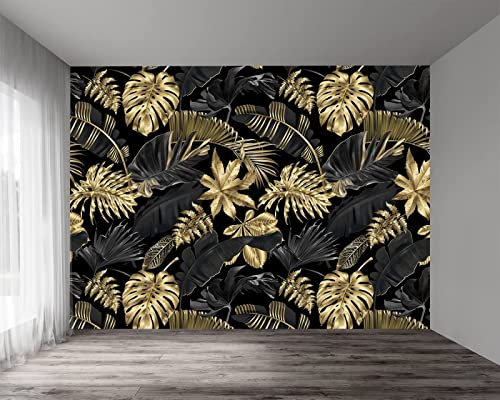 Fototapete 3D Effekt Schwarz Gold Bananenblatt Tapeten 3D Effekt Vliestapete Wohnzimmer Schlafzimmer Wandbilder Wanddeko