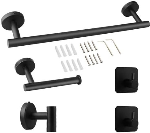 Atliberswo Ensemble Porte-Serviettes, Ensemble Salle de Bain Accessoire, 5 pièces, à Fixer au Mur, Comprenant 1 Porte-Serviettes, 1 Porte-Rouleau de Papier Toilette, 3 Crochets à Serviettes (Noir)