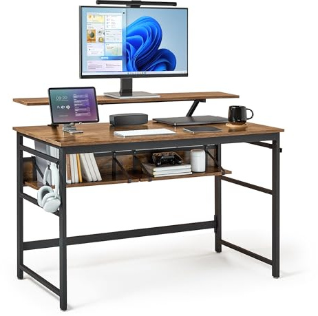 Mondeer Escritorio para Ordenador, estación de Trabajo con 2 estantes Ajustables y Soporte Grande para Monitor, Ahorro de Espacio para el hogar, Oficina, Estudio, 120 x 60 x 90 cm, marrón