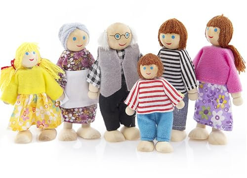 KRYMSON 6 Stück Familienfiguren, Hölzernes Puppenhaus-Familienset, Spielzeugset, Mini-Puppenfamilie, Kinderpuppen, Miniatur-Spielzeug