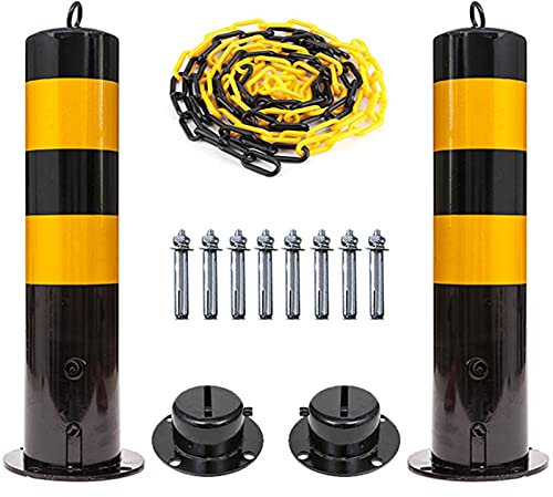 ASumPio 2 Stück Sicherheitspoller Und Absperrkette, 5 M Set, Parkpfostenschloss Aus Metall Und Kunststoffkette Mit Aufhängering Und Schrauben (Schwarz, 500 X 114 Mm)
