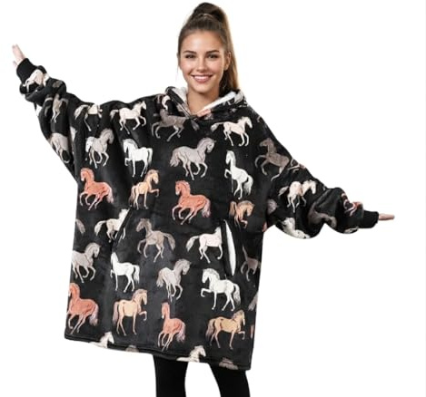 Huglanket Horse Gifts for Girls, Women, Horse Lovers, Wearable Flannel Horse Blanket Hoodies, Black, One size