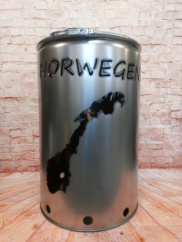 Fuchsbau Feuertonnen Feuertonne mit - Norwegen - Motiv - Gefertigt aus neuem Ölfass - Besondere Feuerstelle für Garten und Terrasse - Hohe Feuerschale mit Rostoptik - 90 x 60 cm