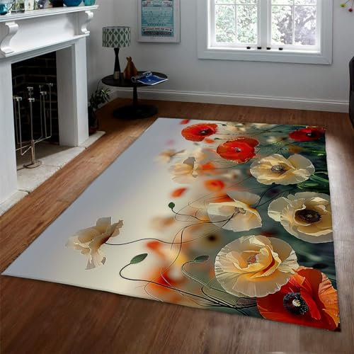 LANDERSION Orange und beige Blumenteppiche für Wohnzimmer Rural Farmhouse Indoor Outdoor Teppich Rutschfestes Rechteck waschbarer Teppich für Schlafzimmer Nachttisch 120x170cm