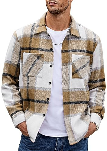 COOFANDY Flanellskjorta för män långärmad vardaglig rutig overshirt rutig jacka för män med fickor, Ljus khaki, XL