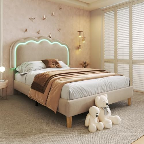 Jovify Polsterbett 90 x 190 cm, LED Einzelbett Bettrahmen mit Lattenrost und höhenverstellbares Kopfteil, Gepolstertes Bett Jugendbett Rückenlehne Bettgestell, Leinenmaterial, ohne Matratze, Beige