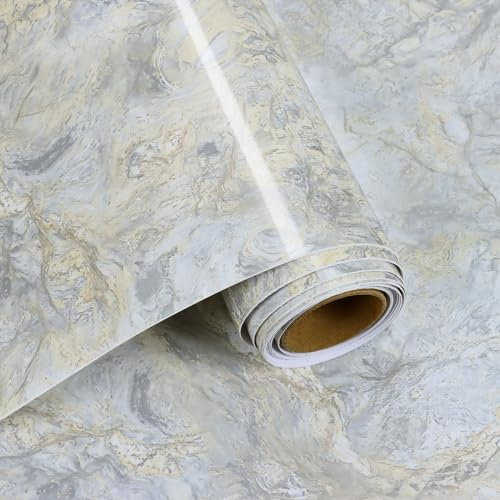 VaryFloral Papier peint autocollant effet marbre blanc beige gris 30 cm x 300 cm, papier de contact brillant effet marbre, film vinyle épais pour plan de travail, revêtement en vinyle pour meubles,