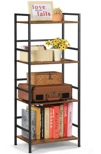 NOVIMANGO Bücherregal, Regal, Leiterregal, Standregal，4 Ablagen，Bücherregal,freistehendes Regal, Wohnzimmer, Schlafzimmer, Arbeitszimmer, 28 x 43 x 104 cm, Industrie-Design, vintagebraun-schwarz