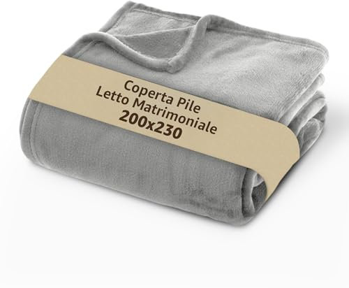 SONIT - Plaid Matrimoniale in Pile - Coperta in Pile Autunnale e Invernale - Coperta Matrimoniale 200x230 cm - Plaid Divano e Letto Grigio Chiaro