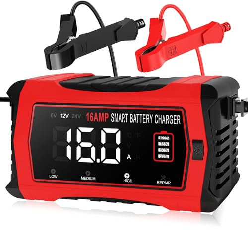 16 Amp Batterieladegerät, 12 V 24 V Lithium LiFePO4 Bleisäure Autobatterieladegerät, 10-stufiges Erhaltungsladegerät, intelligenter Batterie-Wartungsger mit Temperaturkompensation für Auto, LKW,