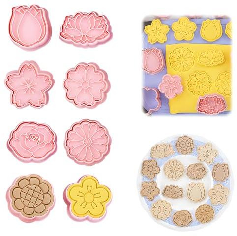 Lot de 8 emporte-pièces 3D en forme de fleur avec piston - 8 styles de fleurs de printemps - Pour la maison et la cuisine