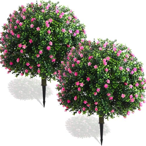 Yunlly Künstliche Buchsbaum-Formschnitt-Kugeln, Sträucher, für den Außenbereich, mit Erdspieß, UV-beständig, Grün für Veranda, Garten, Terrasse, Innenbereich, Rosa, 68,6 x 45,7 cm, 2 Stück
