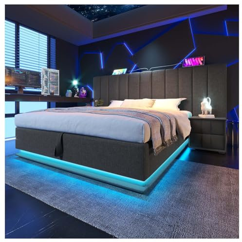 Polsterbett 180×200 cm, Doppelbett Stauraumbett mit App Control LED und USB-C Ladefunktion, Bettgestell mit Lattenrost, Leinen, Grau, (Ohne Matratze und Nachttisch