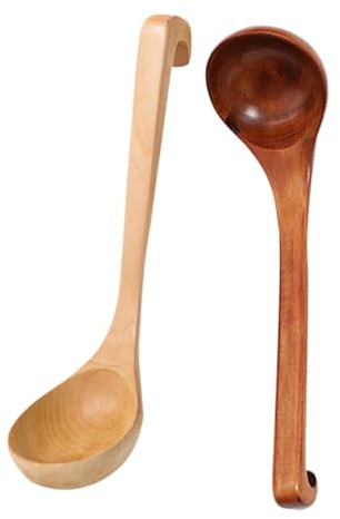 2pcs Long-Handled Wooden Soup Ladle with Hook Natural Wood Mixing Spoon Utensils for Hot Pot Porridge and Cooking Deep Scoop Kitchen Cookware for Family Gatherings and Camping