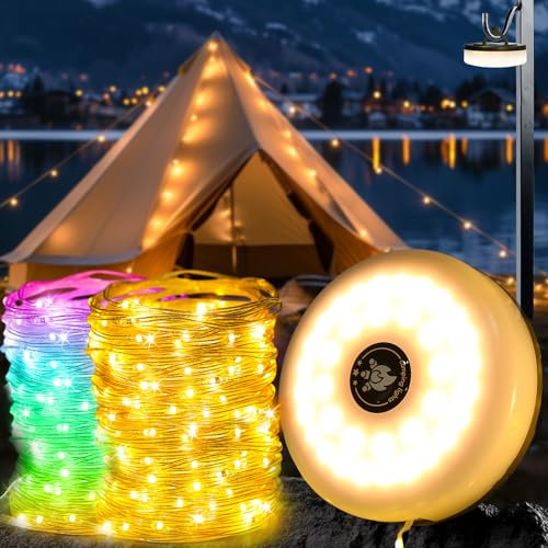 10M Camping String Lights, Waterproof Portable Outdoor String Lights with 8 Lighting Modes, USB Rechargeable 3 in 1 Camping Fairy Lights, 30S Quick Storage, String Light for Garden,Camp,Yard,Tent