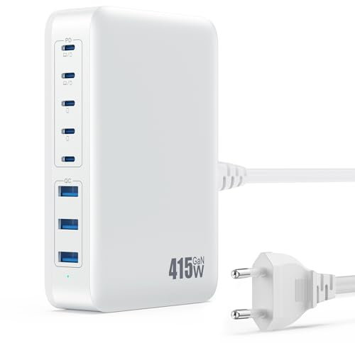 415W Caricatore USB C Multiplo, GaN Ⅳ 8 Port Caricabatterie Tipo C con Doppio PD 100W PPS QC Alimentatore Multipla Stazione di Ricarica Presa USB per MacBook Air/Pro Laptop iPhone iPad Samsung-Bianco