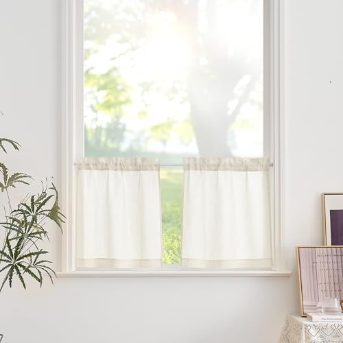 PONY DANCE Leinen Vorhänge Boho Halbtransparent Bistrogardine 2er Set B 60 x H 45 cm Scheibengardinen Landhausstil Kurze Gardinen für Küche Fenster Curtains, Creme