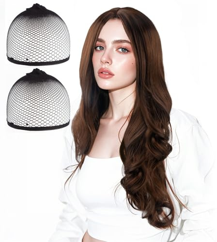 SSKHE La peluca ondulada castaña clara con raya en medio ofrece un aspecto natural y moderno, garantiza comodidad con su ajuste regulable y es fácil de mantener para un encanto duradero.