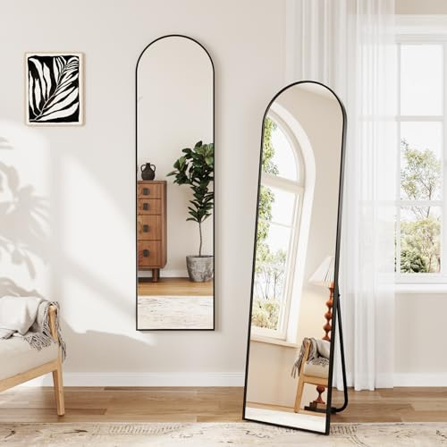 Dripex Arched Full Length Mirror, Freestanding, 150 x 40 cm, Black | No Assembly Required, Wall Mountable, Aluminium Alloy Frame, HD Tempered Glass, Non-Slip Stand, Fixing Kit Included
