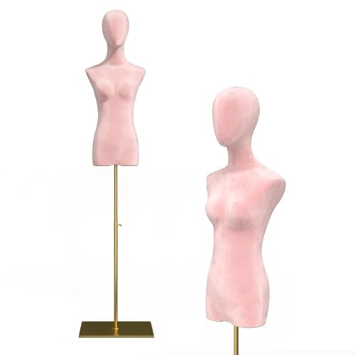 HIYOUGO Schaufensterpuppe, Samt Weiblich Schneiderpuppe, Rosa | Schneiderbüste mit Verstellbarer Höhe Damenbüste Mannequin Kleiderpuppe Torso Weibliche Büste Kleid Ausstellungsstand