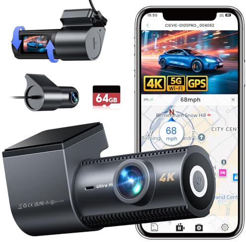 4K Dash Cam Front and Rear with GPS, 64GB SD Card, 5GWi-Fi, Loop Recording