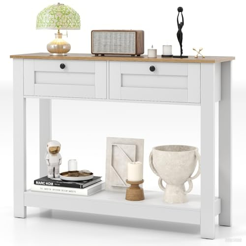LIFEZEAL Konsolentisch Weiß, Eingangstisch mit 2 Ablagen & Schubladen, Moderner Flurtisch mit Kippschutz, Beistelltisch für Eingang, Wohnzimmer, Max. 80 kg, 106 x 30 x 81,5 cm