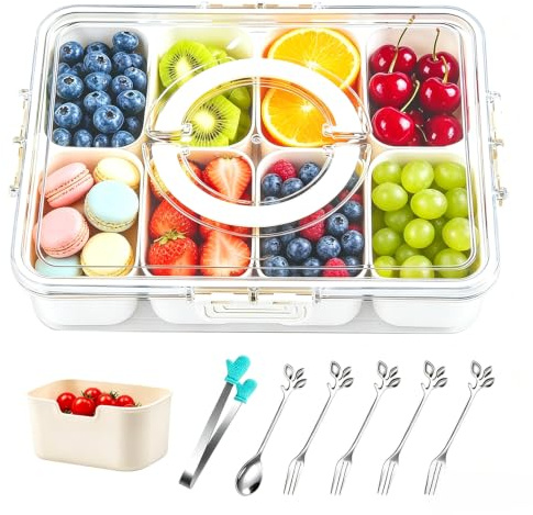 Snackbox mit 8 Fächern, Snackschale mit Deckel und Griff, Snackteller aus PP Spülmaschinenfest, Tragbar Snacktablett Organizer mit Gabeln, Klammern, für Süßigkeiten Obst Keksen Dessert Gemüse Nüsse
