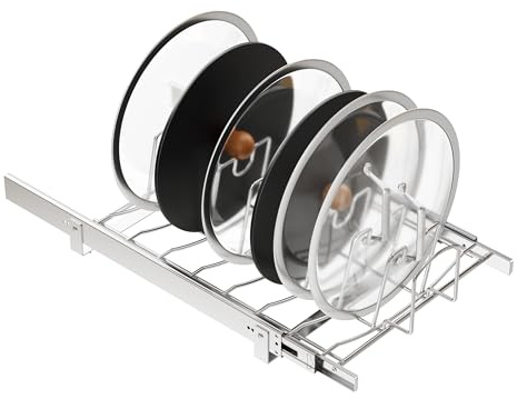 STORKING Slide Out Pot Lid Organizer Under Cabinet, Wire Dividers Kitchen Pull Out Pot Lid Storage Rack Holder, Full-Extension Rail 15 W*22 D