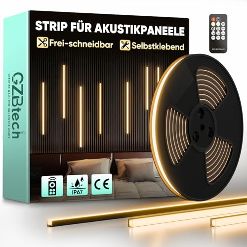 GZBtech Akustikpaneele LED Streifen mit Fernbedienung 5M, Flexible Schneidbar 3000K Warmweiss Dimmbar Wandpaneele Strip light, IP67 wasserdicht Schwarz Selbstklebend Licht für Akustikpaneel, Regal