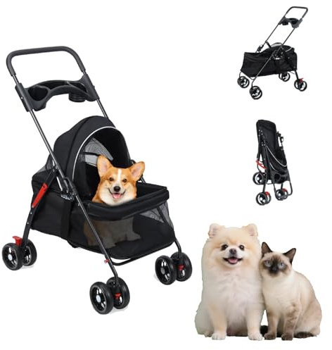 4 Räder Hundebuggy,Haustier-Kinderwagen für kleine Hunde und Katzen,Faltbarer Katzen Kinderwagen,Tragbares Pet Stroller mit verstellbarem Griff,atmungsaktives Netzgewebe (Black)