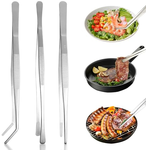 BORISCA 3 Pièces Pince Barbecue Inox, Pincette de Cuisine en Acier Inoxydable, 30 cm Pince Alimentaire, 3 Types de Pince du Chef, Utile de Cuisine pour la Cuisson, Le Barbecue et la Pâtisserie