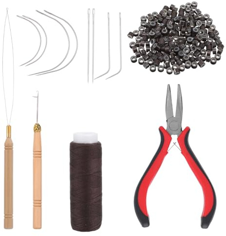200 perline per capelli in silicone marrone, 1 pinza per capelli a tre fori, 1 rotolo di filo da cucito, 1 pinza per capelli a tre fori, 8 aghi da cucito per extension per capelli