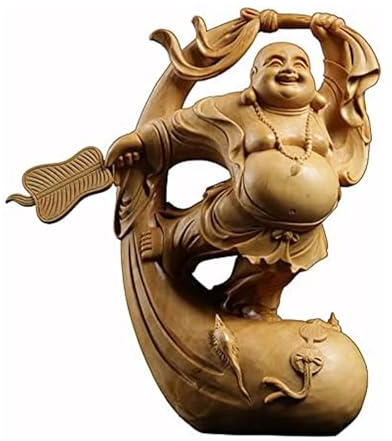 Estatua de Buda Sonriente Tallada en Madera de boj Thuja, Adorno Decorativo for el hogar con el Buda Maitreya(17cm)