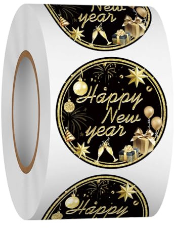 Happy New Year Aufkleber, 500 PCS Sticker Silvester, Frohes Neues Jahr Aufkleber, Frohes Neues Jahr Stickers Rolle, Happy New Year Neujahr Deko, für Grußkarten Geschenkboxen Partygeschenke (D)