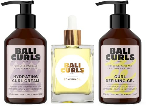 BALI CURLS Set – Curl Defining Gel (150 ml), Hydrating Curl Cream (150 ml) & Bonding Oil (30 ml) – Pflegeset für definierte, glänzende & gepflegte Locken