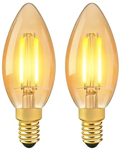 Bpzmm E14 LED Candle Light Bulbs, 2.5W Small Edison Screw 2700K Warm White | Light Bulb C35 Amber,Equivalent 20W Incandescent,Non-Dimmable for Salt Lamp Chandeliers Bedroom Table,Clear Filament,2 Packs