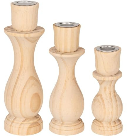 Ideen mit Herz Kerzenhalter für Stabkerzen | 3er Set Kerzenständer aus Holz | Natur | mit Metall-Einsatz | 12, 15 und 18 cm hoch | 3 Stück | für Stabkerzen mit 2,2 cm Durchmesser
