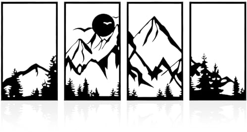 Hocadrv 4 Stück Berge Wanddeko Wandkunst Metall Wanddeko Schwarz | Berge und Wald Minimalistisches Dekoratives Gemälde für Haus Schlafzimmer Wohnzimmer Drinnen und Draußen(40 x 28 cm)