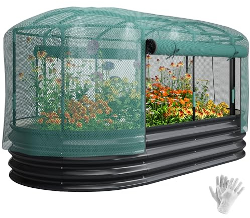 Outsunny Carré Potager de Jardin avec Cage de Protection, jardinière surélevée en Acier galvanisé avec système d'auto-arrosage, lit de Jardin pour Herbes aromatiques, légumes et Fleurs, Gris et Vert